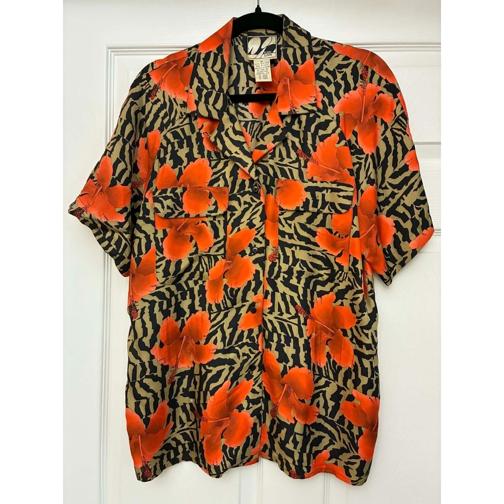 Diane Gilman 100% Silk Shirt Womens M Floral Zebra Print Button Top